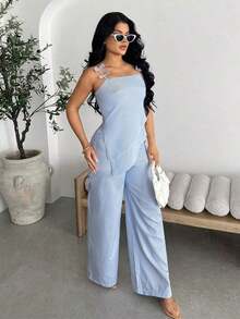 Conjunto de 2 piezas de blusa asimétrica con cuello de lazo a rayas azul y blanco y pantalones rectos informales para mujer, conjunto de vacaciones de verano en azul claro y azul bebé para mujer - Azul - Ver 4