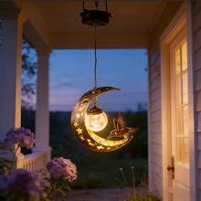 1pc Solar Powered Iron Hummingbird Hanging Lamp, Outdoor Patio Hollow Moon & Sun Decor Projection Light, Waterproof - 蜂鳥吊燈 - 查看 6
