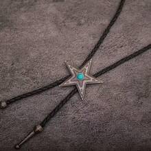 1pc Turquoise Pentagram Retro Leather Cord Necklace, American Western Cowboy Style - Turquoise Pentagonal Vintage Leather Collar Rope Necklace - View 6