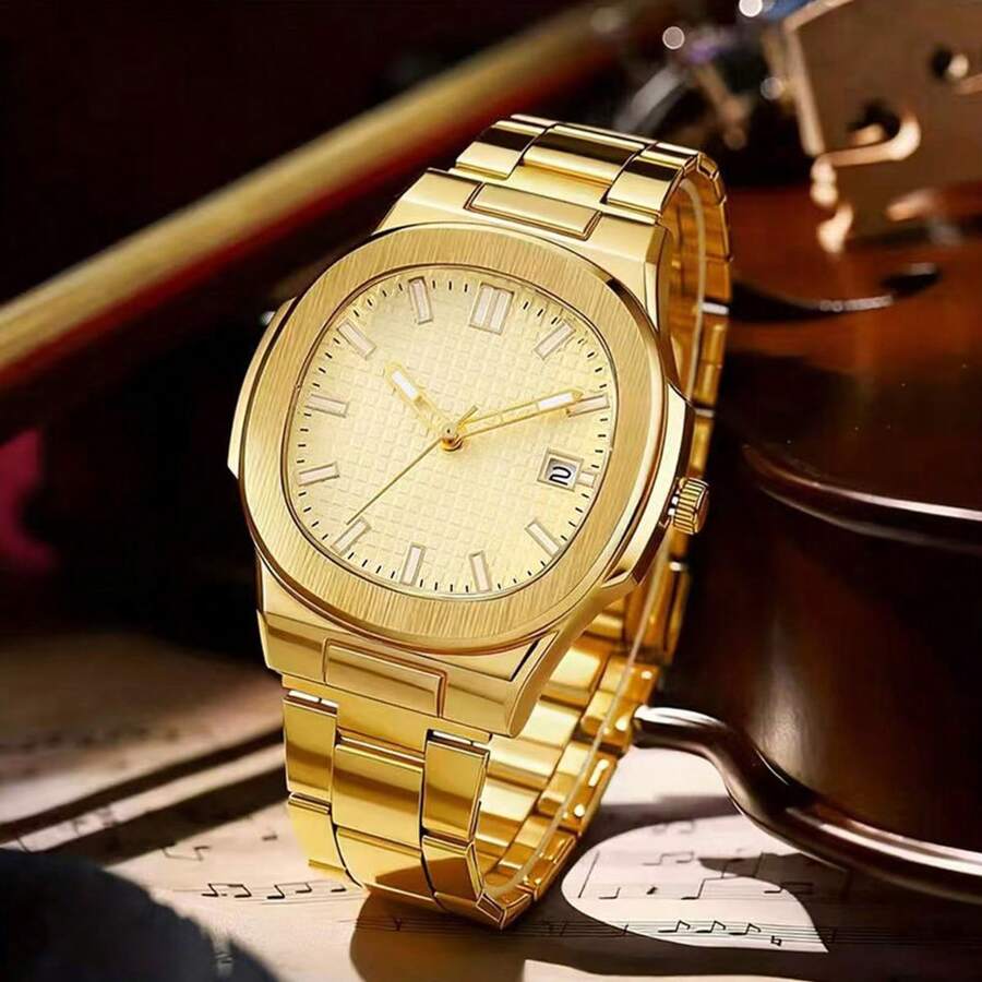 1 pieza Reloj de pulsera de lujo para hombres de negocios con esfera cuadrada, correa de metal, adecuado para el uso diario, ideal para el uso diario de los hombres o como regalo - Dorado - Ver 1