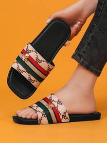 Damen Vintage Luxus Sandalen, rot & grün gestreifte offene Zehen weiche Sohle flache Hausschuhe, Sommer Zuhause Outdoor Strand Freizeitschuhe - Khaki - Übersicht 4