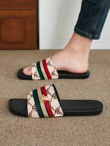Damen Vintage Luxus Sandalen, rot & grün gestreifte offene Zehen weiche Sohle flache Hausschuhe, Sommer Zuhause Outdoor Strand Freizeitschuhe - Khaki - Übersicht 5