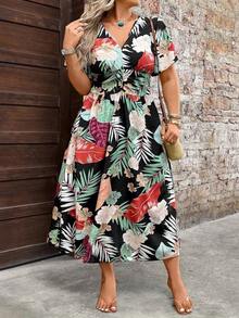 Vestido floral de manga corta con cuello en V, cintura ceñida, de talla, elegante y de moda para primavera/verano - Multicolor - Ver 2