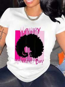 100% Cotton, Single-Sided Printed T-Shirt With Round Neck And Short Sleeves, International Women's Day Theme, Suitable For Everyday Wear, Sizes S - XXXL, Black-1-1 - 白色 - 查看 1