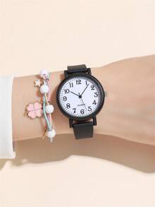 Set de 2 relojes de cuarzo con correa de silicona y esfera numérica minimalista + pulsera, reloj de moda para estudiantes - Negro - Ver 2