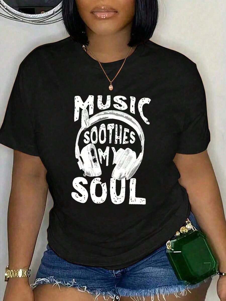 Summer T-Shirt With Print "MUSIC SOOTHES MY SOUL" And Headphone Motif In Orange, From Local Stock, Combines Western Clothing With Music-Inspired Themes, For Music Fans, S-XXL, Loose And Comfortable, Summer Top. - 黑色 - 查看 1