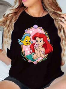 Ariel And Flounder Cartoon Print Disney Women T Shirt Round Neck Short Sleeve Casual Summer Wear For Everyday And Birthday Gifts Soft Comfortable 220g - màu đen - Xem 1
