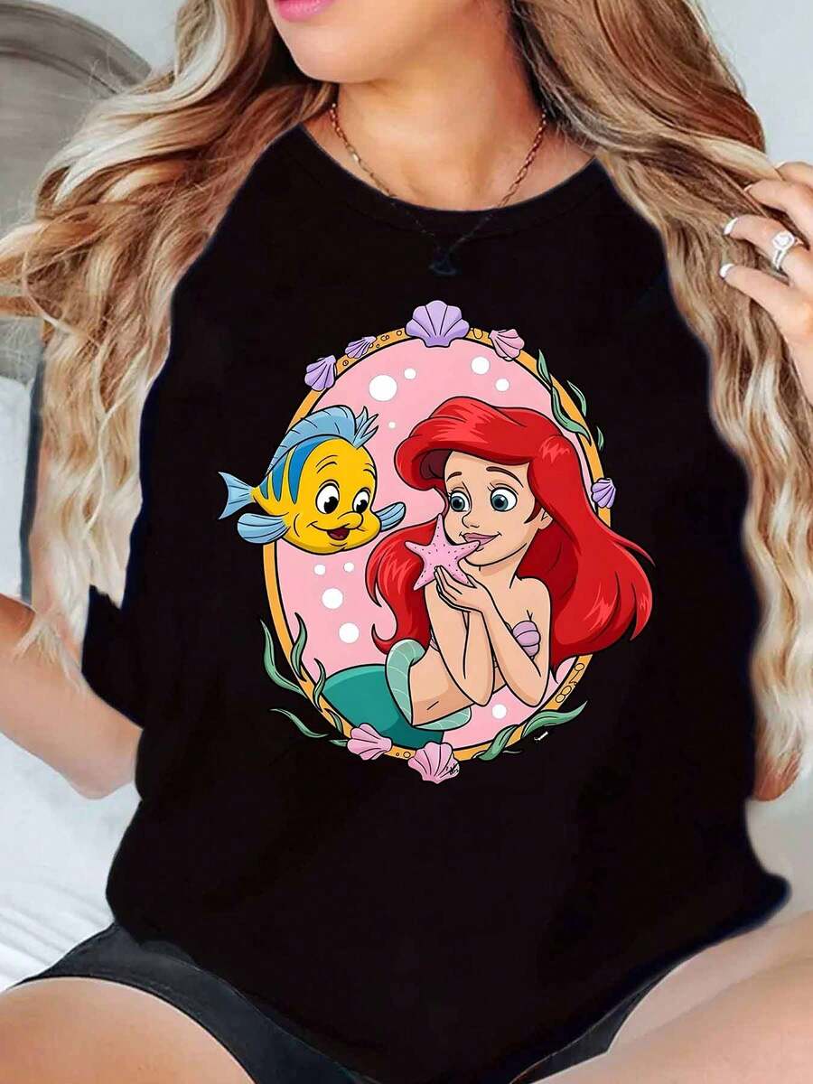 Ariel And Flounder Cartoon Print Disney Women T Shirt Round Neck Short Sleeve Casual Summer Wear For Everyday And Birthday Gifts Soft Comfortable 220g - màu đen - Xem 1