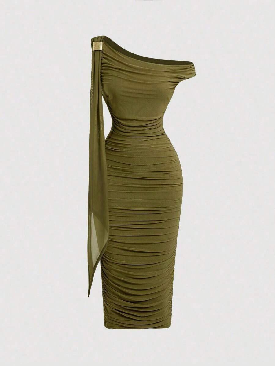 MOD Vestido casual de verano de mujer de unicolor con cuello asimétrico y drapeado, de longitud media - Verde militar - Ver 1