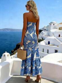 Vestido largo de verano con estampado floral, diseño calado, volantes y sin tirantes, elegante y sexy para mujer - Albaricoque - Ver 8