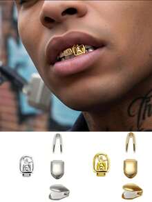 4pcs Diamond/Colored Gemstone Inlaid Teeth Decoration Silver 14K Gold Plated Iced Out Grillz Hip Hop Style Unisex Decorative Jewelry - Multicolor - View 3