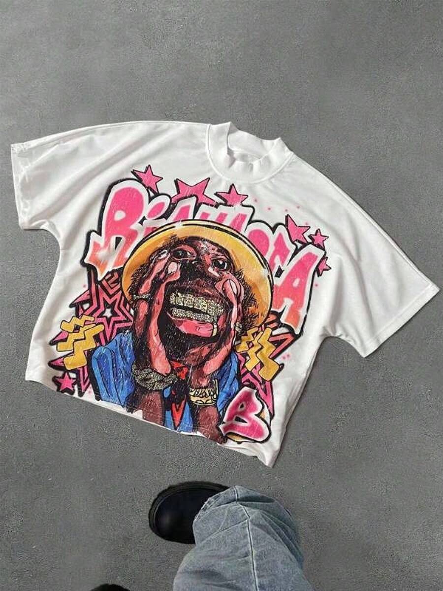 T Shirt Print ,Graphic-Cotton Tees Size Plus, Manfinity Streetrush Men's Street Fashion Oversized Loose Short-Sleeved Round Neck T-Shirt, Interesting Painting Style Portrait Pattern, Men's Solid Color T-Shirt, Suitable For Daily Wear, Going Out, Party, School, Attending Music Festivals, Vacation, Commuting. Can Be Given As A Gift To Family, Boyfriend, Friends,Y2K,Oversized Shirt - 白色 - 查看 1