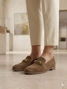 Women's Comfortable Square Moccasin Shoe, Inexpensive, With Gold Embellishment, For Work, Casual, Or Luxury. - 棕色 - 查看 2