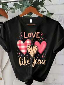 Women's 1 Piece Graphic Print T-Shirt, 100% Cotton, Comfortable, Breathable, Cool, Casual Style, Plus Size - Women's Plus Size T-Shirt With Christian Faith Print - Colorful Hearts And Crosses Print, Inspirational Bible Verse, Round Neck, Short Sleeve, Ideal For Valentine's Day, Easter, Christmas Gifts - Short Sleeve Round Neck T-Shirt For Daily Summer Wear, Suitable For Spring, Summer And Autumn. - 黑色 - 查看 6