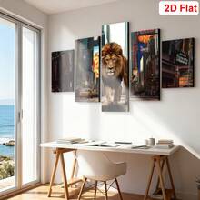 5 piezas de arte en lienzo sin marco con impresión abstracta moderna de león, decoración de pared de león, león majestuoso en su hábitat natural con agua reflectante y vegetación, lienzo con marco de madera para decoración de sala de estar, dormitorio, oficina, listo para colgar - león - Ver 6