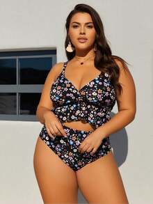 Plus Size Black Ditsy Floral Ruffle Hem High Waist Bikini Set - 彩色 - 查看 4