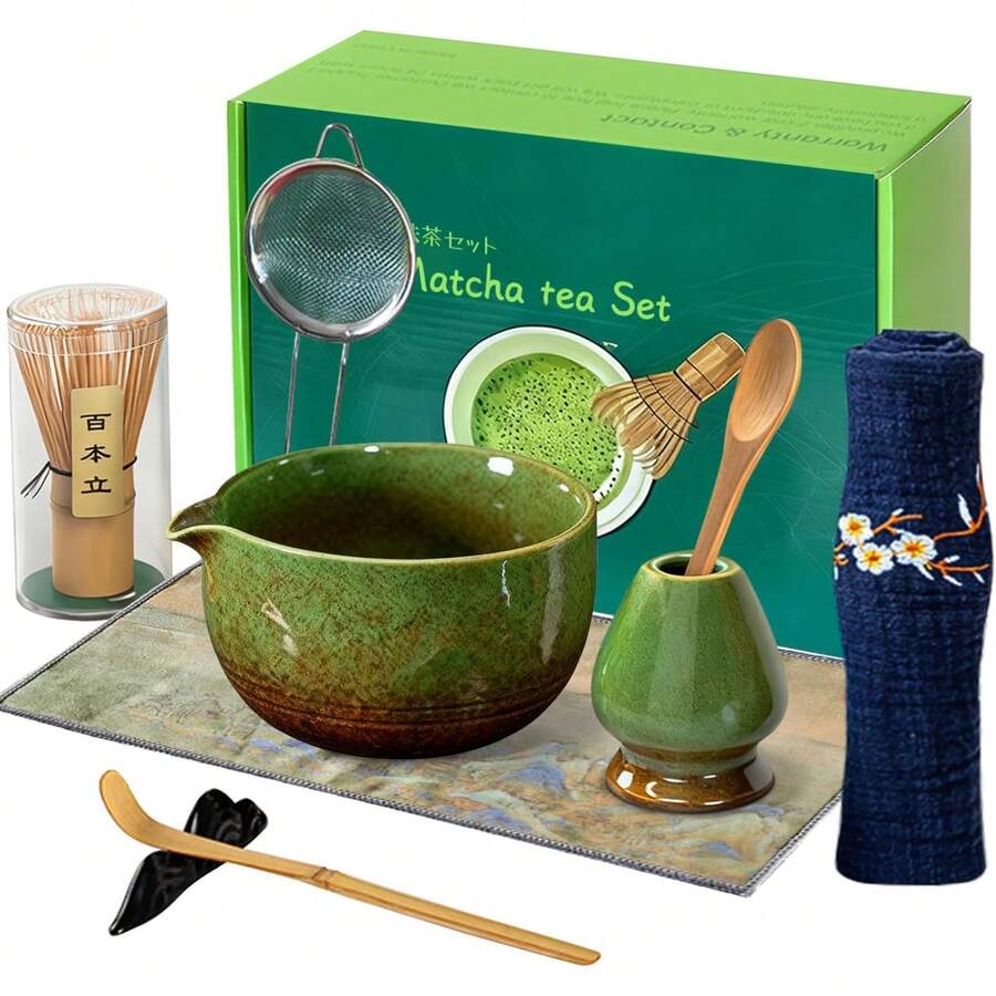 Kit de Té Matcha Tradicional - Juego Completo Con Batidor, Tazón de Cerámica Hecho a Mano, Soporte, Cuchara - Ceremonia de Té Japonés 9 Piezas (Verde) - Verde - Ver 1