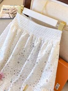 High-Waisted Elastic Skirt With Embroidered Lace And Water-Soluble Print - 白色的 - 查看 5