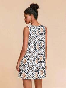 Vestido de vacaciones sin mangas de cuello redondo con estampado tropical - Blanco y Negro - Ver 5