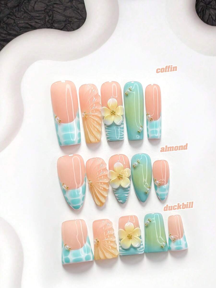10片夏季風格手工穿戴式美甲,Polygel美甲套組,花卉五瓣手繪設計,黃色與藍色配色,優雅時尚,附美甲工具,3種尺寸可選,杏仁/鴨嘴/棺材形,適合派對、跳舞、日常配戴 - 彩色 - 查看 1