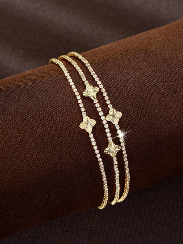 1 pièce Bracelet fleur de la chance en zircone empilée multicouche doré, accessoire attrayant pour les vacances et les séances photo