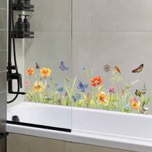 1pc Floral Wall Sticker, Includes Butterfly & Bird Decorative Wild Flower Decal, Removable PVC Sticker Suitable For Bathroom, Kitchen, Living Room - Multicolor - View 2