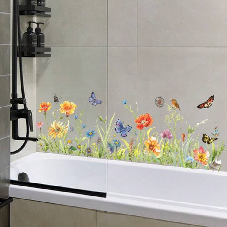 1 miếng dán tường hoa, bao gồm bướm & chim trang trí hoa dại, miếng dán PVC có thể tháo rời phù hợp cho phòng tắm, nhà bếp, phòng khách - Nhiều màu - Xem 2