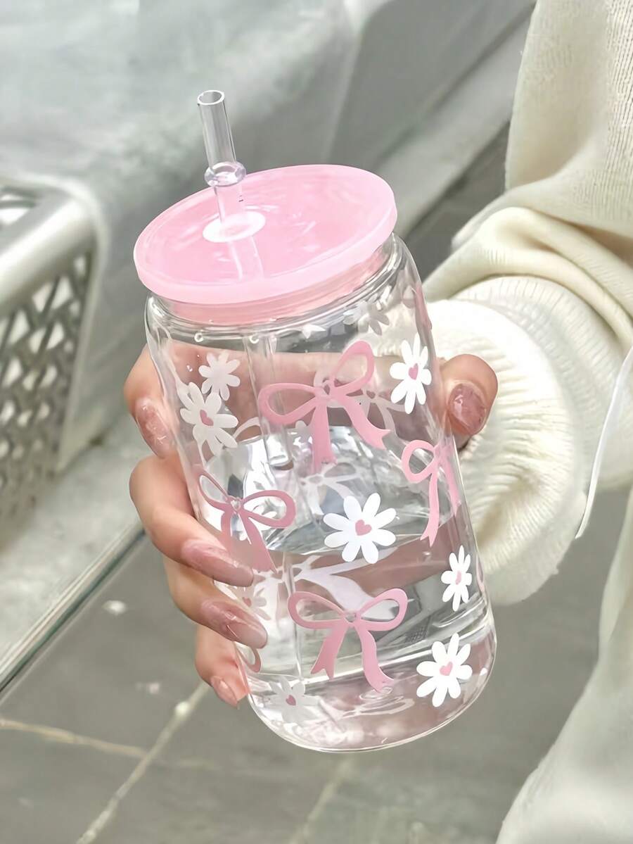 1個 Ins 熱門粉色蝴蝶結與雛菊吸管杯附蓋,防漏便攜水瓶,大容量透明咖啡果汁杯,極具吸引力的少女風設計,適合夏季冷飲、日常補水,學生與上班族使用,禮品或自用,派對杯,附蓋吸管杯,水瓶,隨行杯 - 查看 1