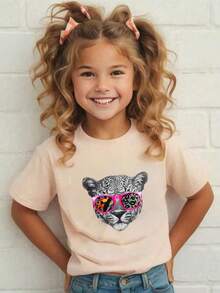 Cheetah With Sunglasses Pattern T-Shirt For Girls - Apricot - View 2