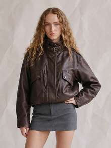 OUTTA BOX Vintage Distressed Washed PU Casual Women Jacket For Autumn - Mocha Brown - View 1