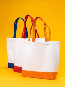 Colorblock Canvas Shoulder Tote Bag, Wide Comfortable Handle, Large Open Top For Easy Storage, 3 Available Colorways - View 12