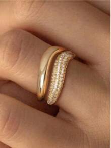 Vanel 1 Set Luxury Cubic Zirconia Inlaid Gold Ring Set, 2pcs Twisted Stackable Design, Fashion Jewelry For Women, Elegant Gift - Golden Yellow-white - View 1