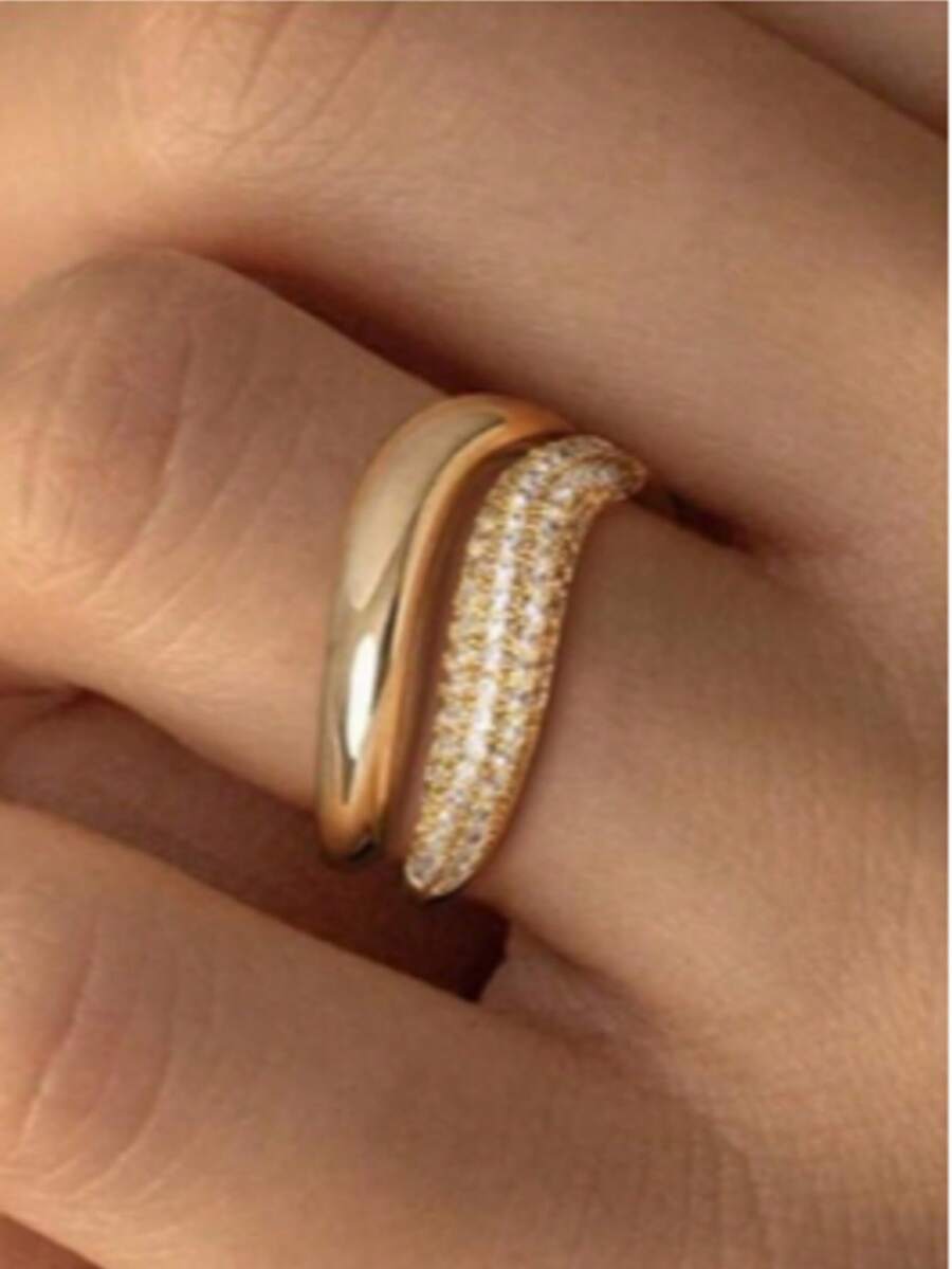 Vanel 1 Set Luxury Cubic Zirconia Inlaid Gold Ring Set, 2pcs Twisted Stackable Design, Fashion Jewelry For Women, Elegant Gift - Golden Yellow-white - View 1