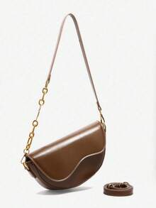 2026 New Retro Caramel Brown Molded Semi-Circle Flap Saddlebag, Versatile For Commute & Leisure, Fashionable Chain Strap Crossbody Bag - Brown - View 9