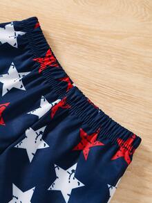 2pcs/Set Girls' Cute Sweet Bowknot Decor Star Print Camisole Top & Ruffle Hem Shorts Set - Dark Wash - View 8