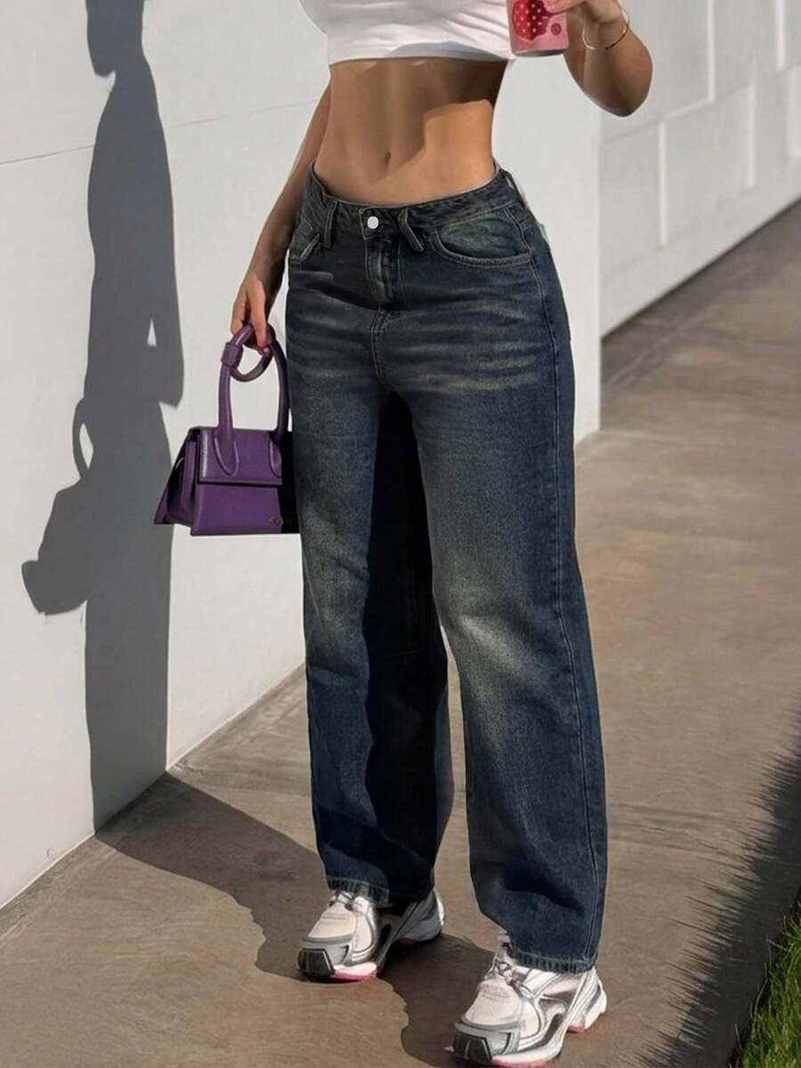 Women's Vintage Washed Loose Straight Jeans With Pockets Casual - Navy Blue - View 1