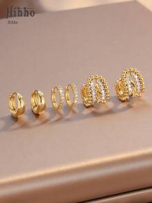 Hihho 3 Pairs Hoop Earrings Set, Golden Bead Ring Design, Densely Embedded Luxury Rhinestones, Fashion Minimalist, Suitable For Casual And Gentle Outfit, Versatile For Daily Wear - Gold - View 8