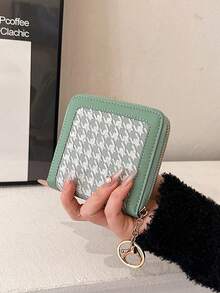 Cartera de mujer con estampado de pata de gallo en relieve, con múltiples ranuras para tarjetas y compartimento para efectivo - Verde - Ver 2