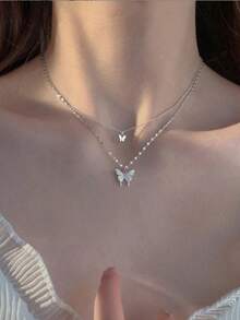 1 Piece Double Layer Butterfly Necklace, Elegant Clavicle Chain, Minimalist Design - 銀 - 查看 2