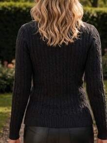 Blusa Suéter Tricô Manga Longa Gola V de Frio Feminino Moda Inverno Trancinha - Preto - Visão 5