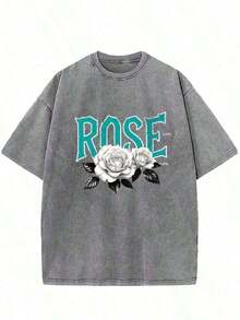 Camisetas de peso pesado para hombre, camiseta de 230 g con estampado de rosas lavadas, cuello redondo de algodón, manga corta, corte holgado, estilo vintage desgastado, estilo americano, tallas grandes y altas, camiseta con estampado de rosas para el Día de la Independencia, envío gratis, conjuntos de verano para mujer, camisetas gráficas. - Negro - Ver 5