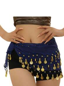 Tiara + Bracelet + Necklace And Scarf Set With Arabic Coins For Dance - Dark Blue - View 3