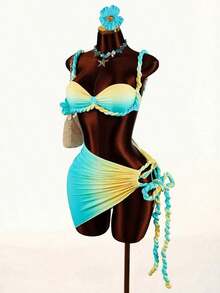 Conjunto de traje de baño de 3 piezas con detalles de lino para mujer, que incluye bikini y cubre con lino, adecuado para vacaciones en la playa y uso diario, sexy, lindo, elegante, nueva llegada - Multicolor - Ver 9