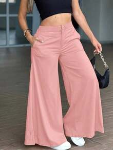Pantalones anchos y sueltos de unicolor y casual para mujer, elegantes y minimalistas - Rosa - Ver 7