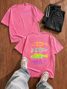 Vintage Coastal Fish Graphic Men's T-Shirt Retro Colorful Ocean Art Print 230G Washed Cotton Oversized Streetwear Summer Tee - 玫紅色 - 查看 4
