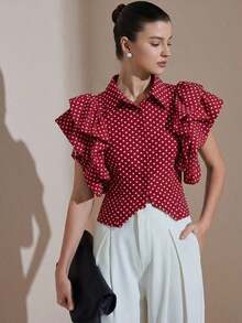 Aveloria Revavyn Blusa elegante de cuello alto con estampado de lunares retro francés, manga de pétalo, moda elegante y de alta gama para mujeres - Rojo - Ver 5
