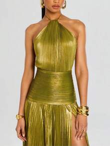 Women's Gold Halter Backless Party Long Dress With Slit Elegant & Sexy Sleeveless Prom Gown - 金色 - 查看 3