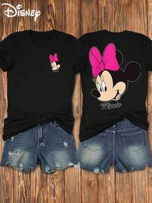 Disney Official Minnie Mouse Cartoon Print Women's Casual T-Shirt With Short Sleeves, Soft, Elastic Round Neck, Front And Back Design, Regular Fit, Breathable Summer Top For Everyday Wear. - màu đen - Xem 6