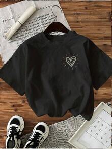 [Double-Sided, Front And Back Print] Short-Sleeved T-Shirt With "Heart For The Person Behind Me" Lettering In Cozy Style. - Black - View 2