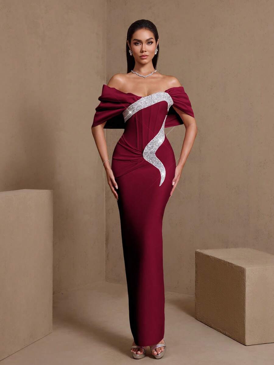 Jacquard Strapless Long Mermaid Dress With Oversized Bow, For Party & Evening Gown - Burgundy - View 1